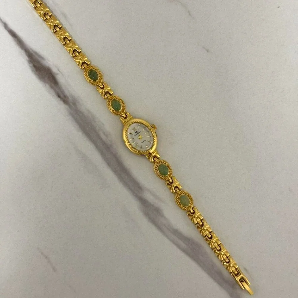 SKU:0018 gold mini watch bracelet with green natural stone inserts vintage style
